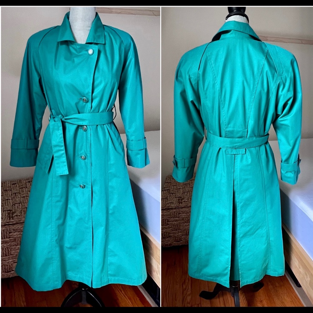 LONDON FOG Teal Green Vintage Trench Coat Jacket *Beautiful* Sz. 4P Wool Lining